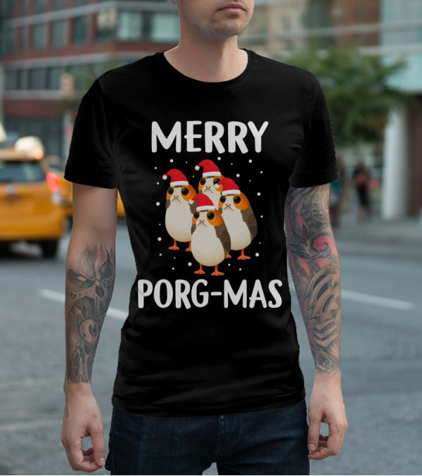 Merry Porg-Mas Christmas Holiday Season With Festive Porgs In Santa Hats T-Shirt