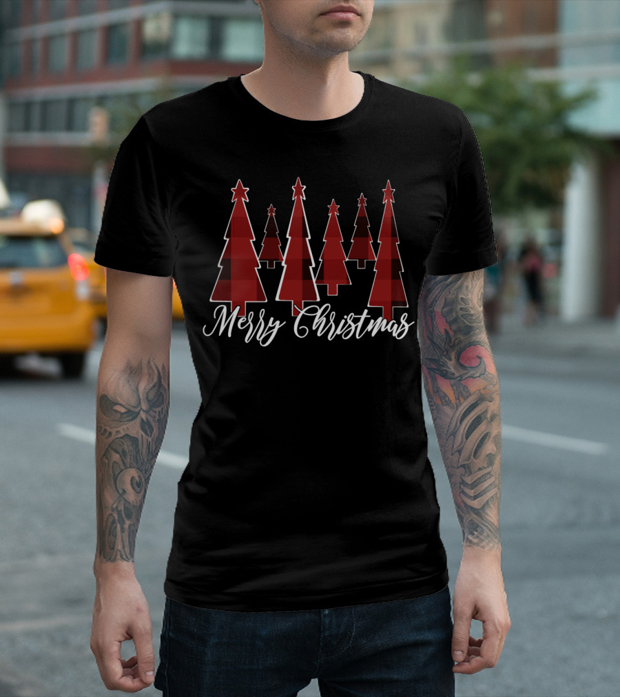 Merry Christmas Red And Black Buffalo Plaid Trees T-Shirt
