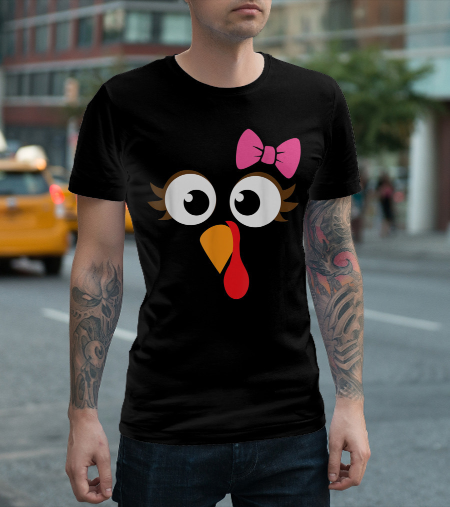 Turkey Face with Pink Bow Girl Cartoon Eyes T-Shirt