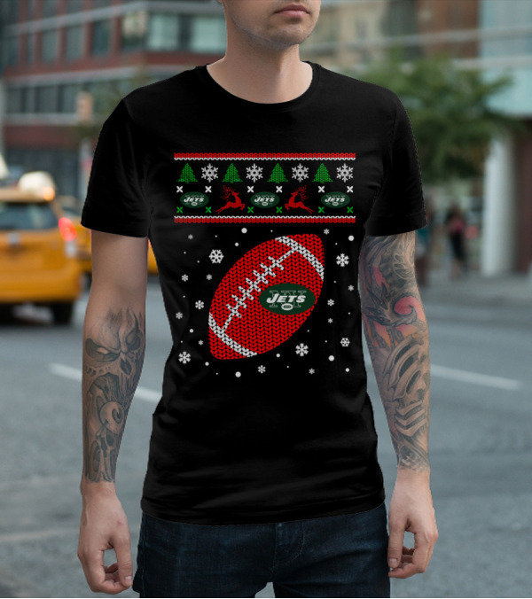 Football Lover Ugly Christmas Jets Team Holiday T-Shirt