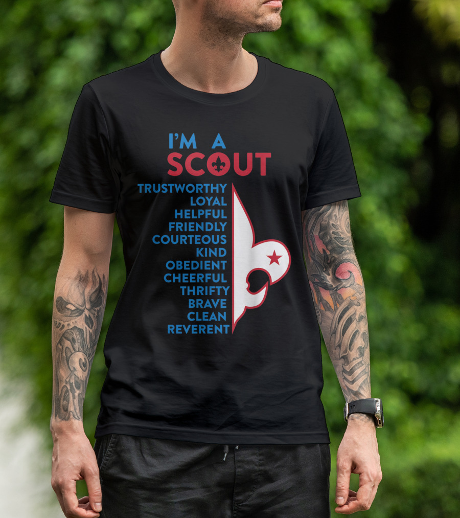 I'm A Scout Scout Law Trustworthy Loyal Helpful Friendly Courteous Kind Obedient Cheerful Thrifty Brave Clean Reverent Fleur-de-lis Star T-Shirt