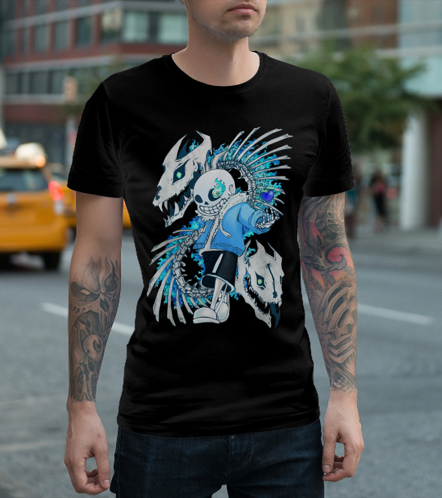 Sans Undertale Skeleton Flames Blue Heart Gaming Character T-Shirt