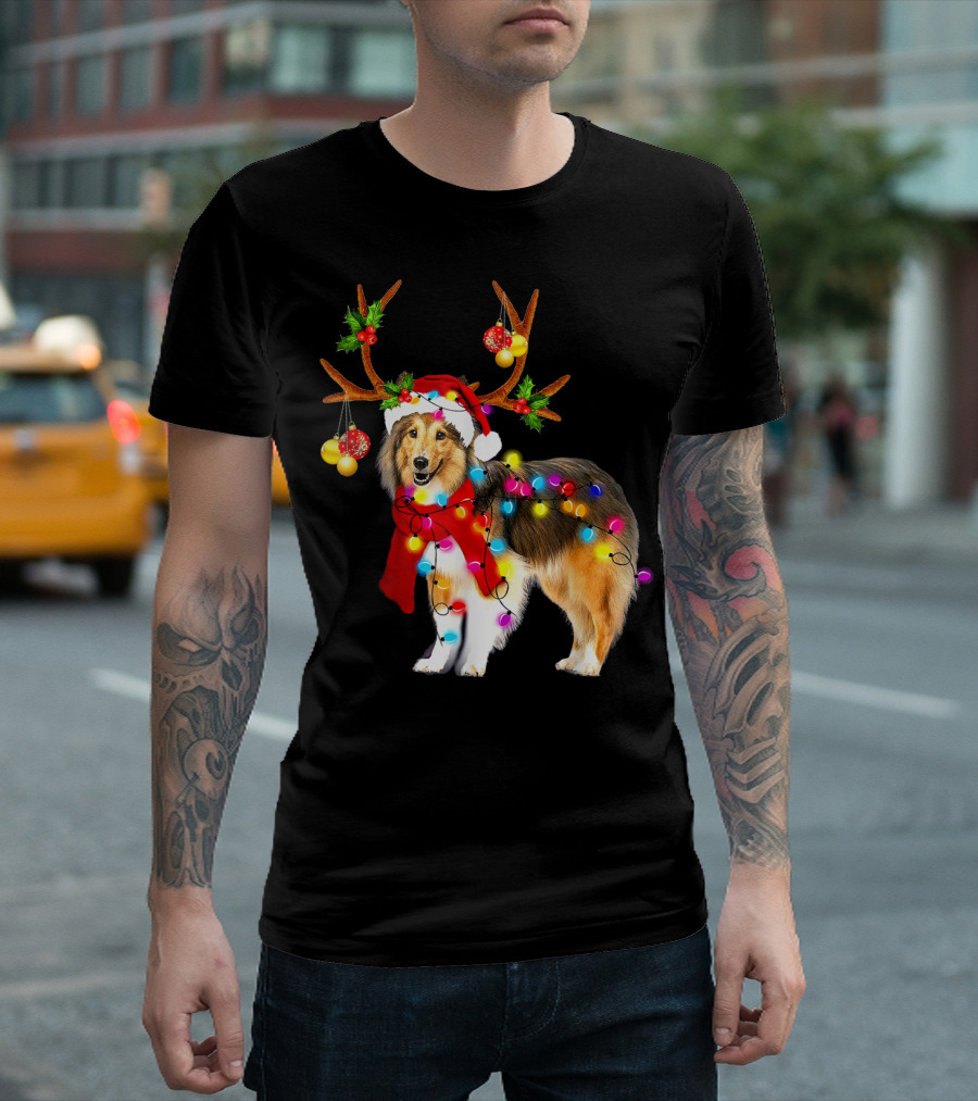 Christmas Sheltie Dog in Santa Hat with Reindeer Antlers and Colorful String Lights T-Shirt