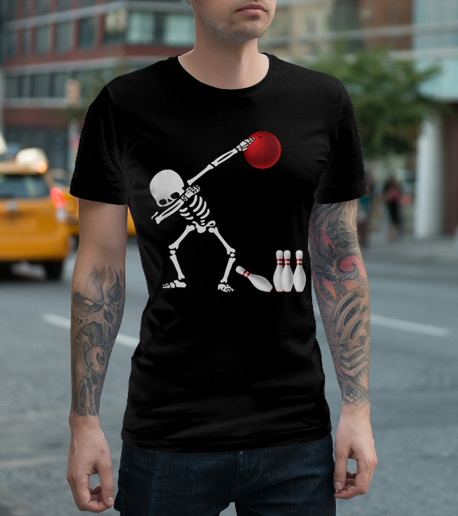 Skeleton Bowler Dabbing with Red Bowling Ball and Pins Fun Bones Lover T-Shirt