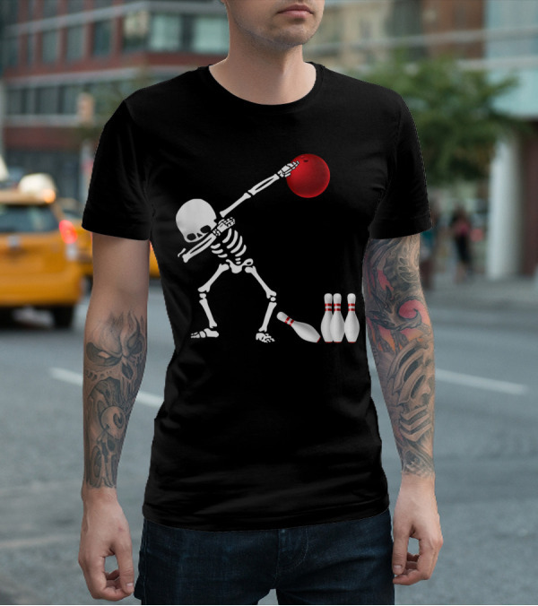 Skeleton Bowler Dabbing With Red Bowling Ball And Pins Fun Bones Lover T-Shirt