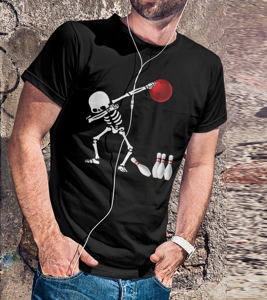 Skeleton Bowler Dabbing With Red Bowling Ball And Pins Fun Bones Lover T-Shirt