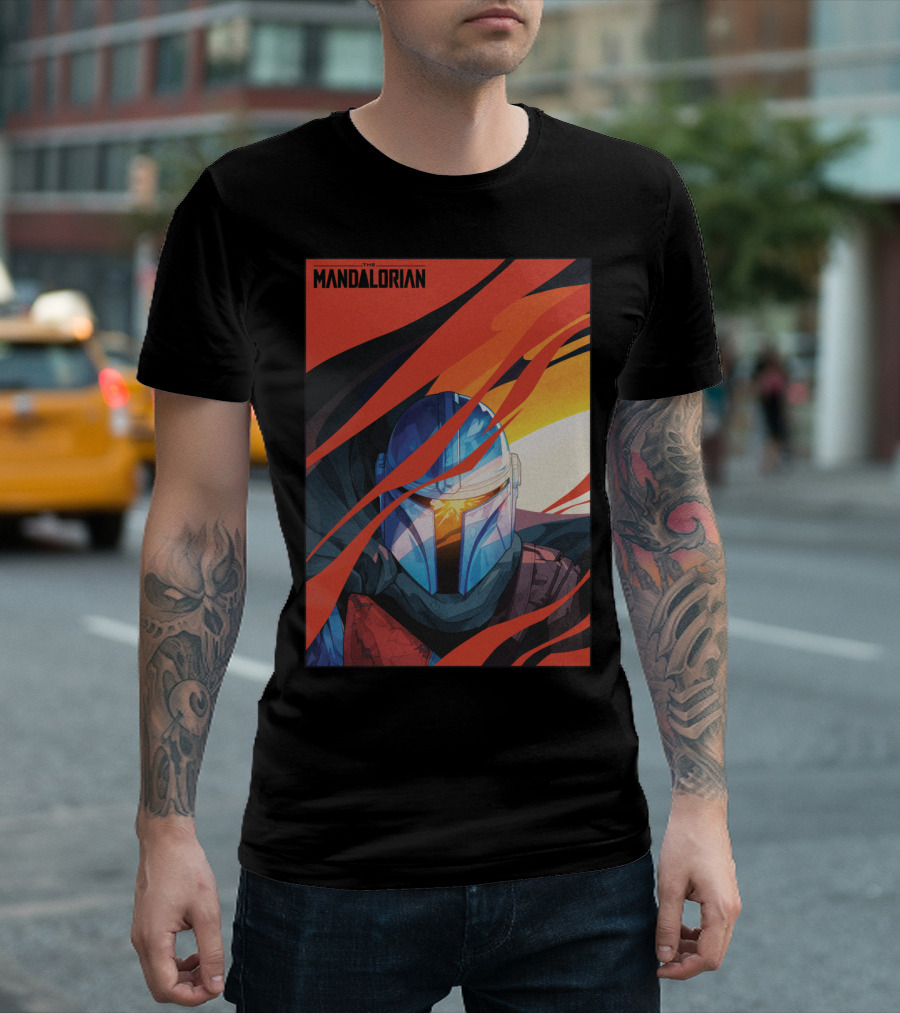 Star Wars The Mandalorian Helmet With Red And Orange Abstract Waves T-Shirt