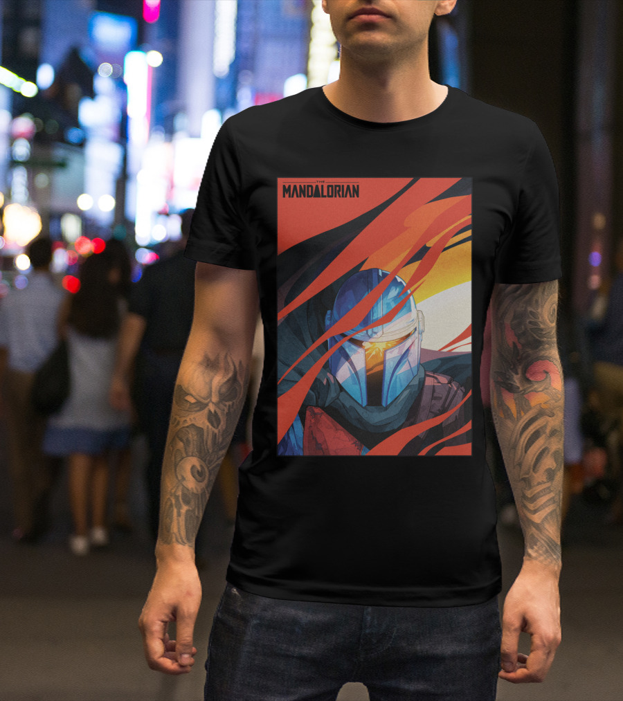 Star Wars The Mandalorian Helmet With Red And Orange Abstract Waves T-Shirt