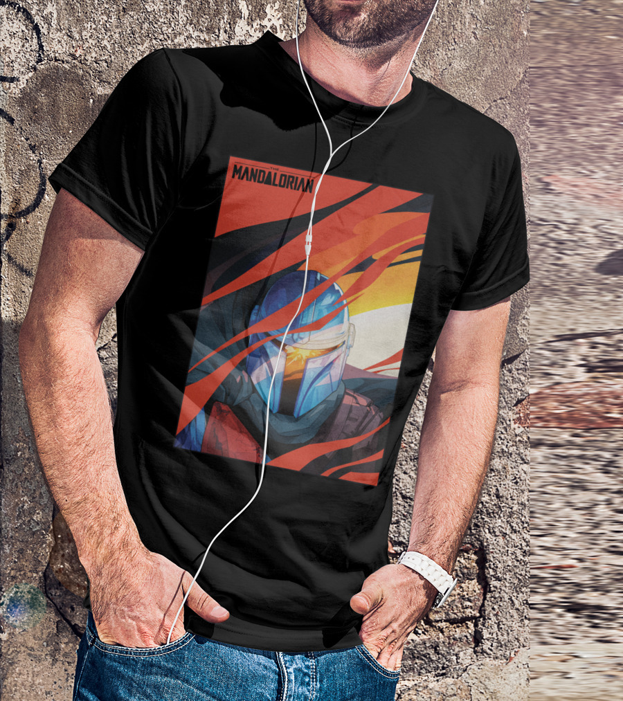 Star Wars The Mandalorian Helmet With Red And Orange Abstract Waves T-Shirt