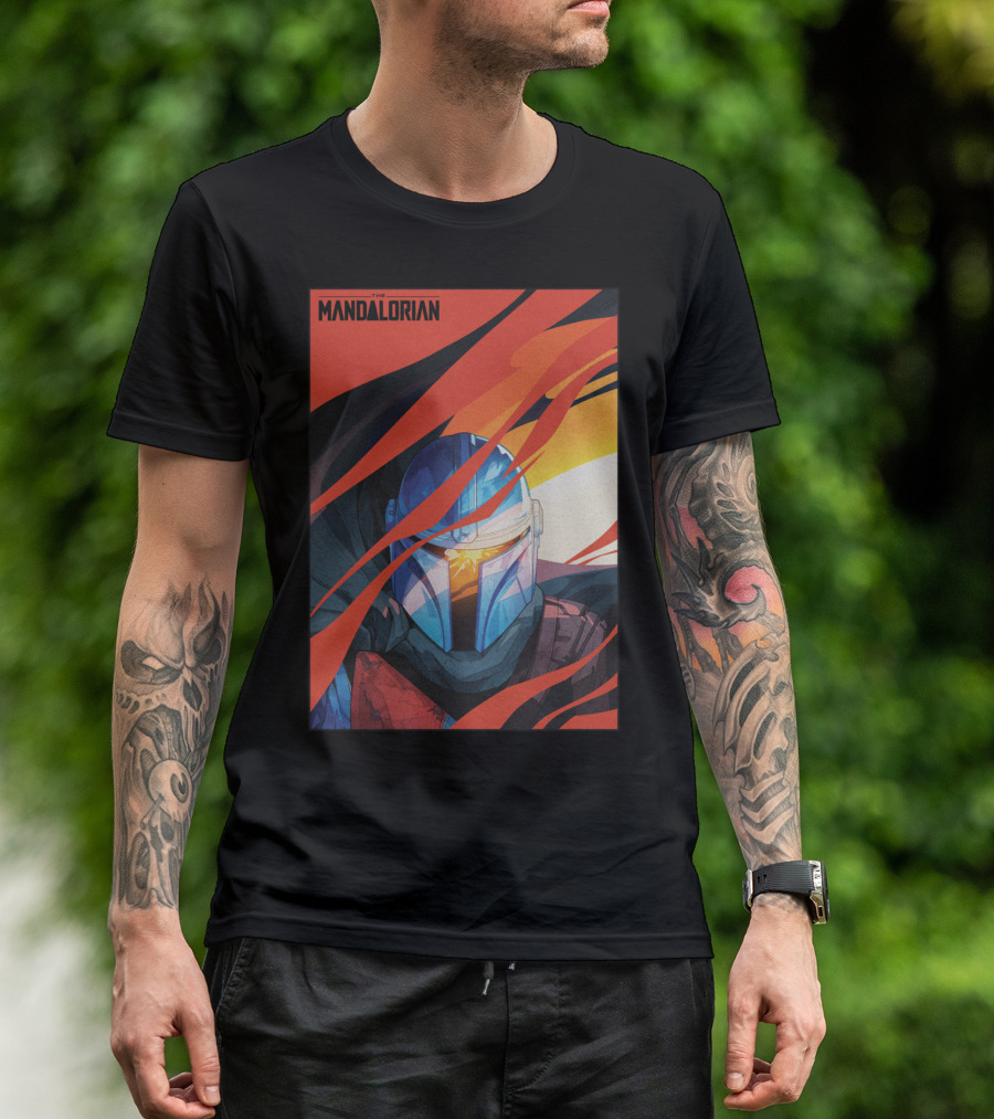 Star Wars The Mandalorian Helmet With Red And Orange Abstract Waves T-Shirt