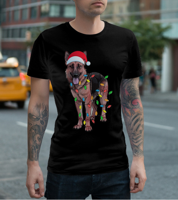 Christmas German Shepherd Dog Santa Hat Wrapped In Lights T-Shirt