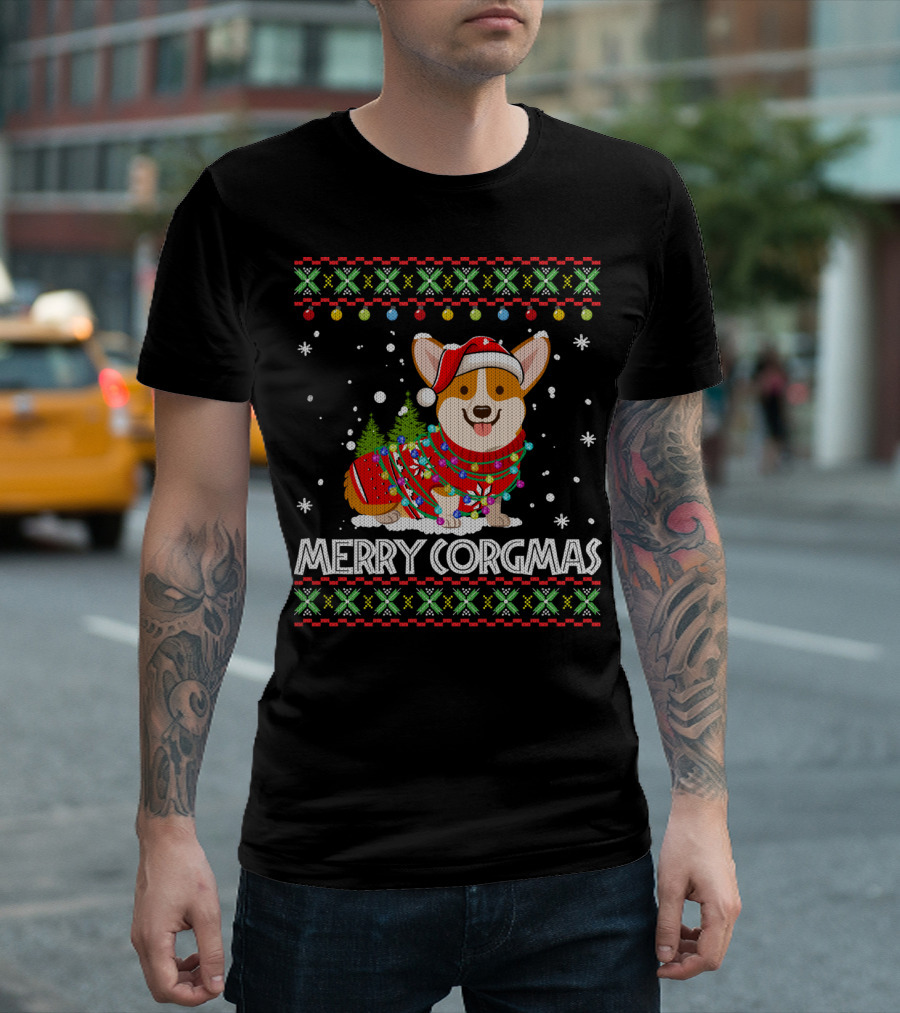 Merry Corgmas Corgi Dog Santa Hat Christmas Tree Lights Sweater Snowflakes T-Shirt
