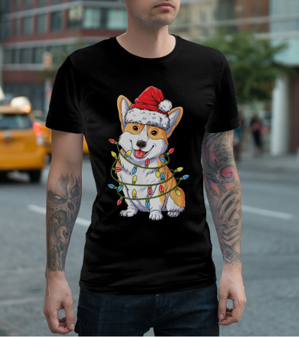 Corgi Santa Hat Wrapped In Christmas Tree Lights T-Shirt
