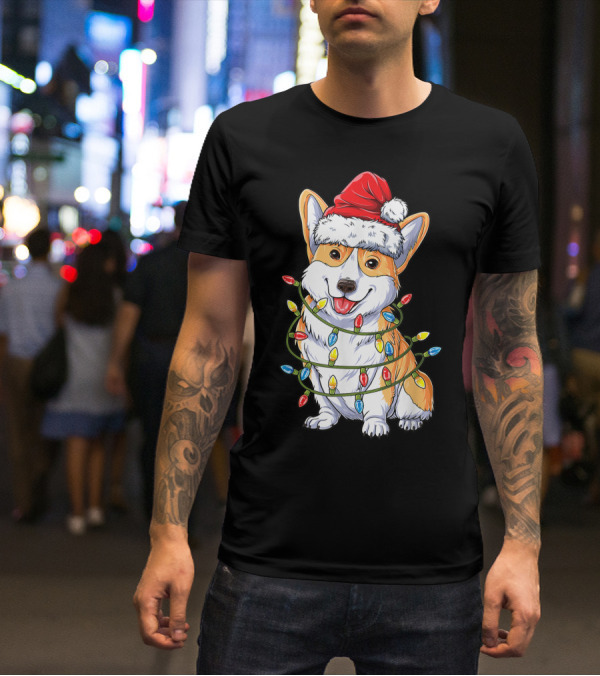 Corgi Santa Hat Wrapped In Christmas Tree Lights T-Shirt