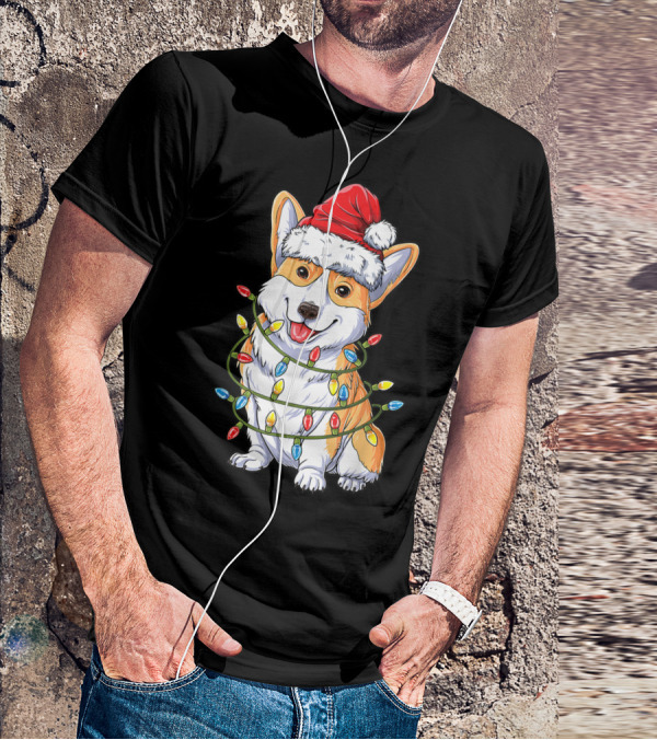 Corgi Santa Hat Wrapped In Christmas Tree Lights T-Shirt
