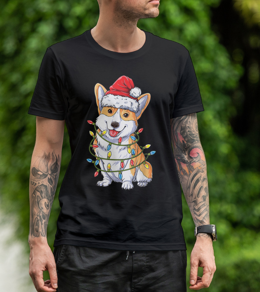 Corgi Santa Hat Wrapped In Christmas Tree Lights T-Shirt