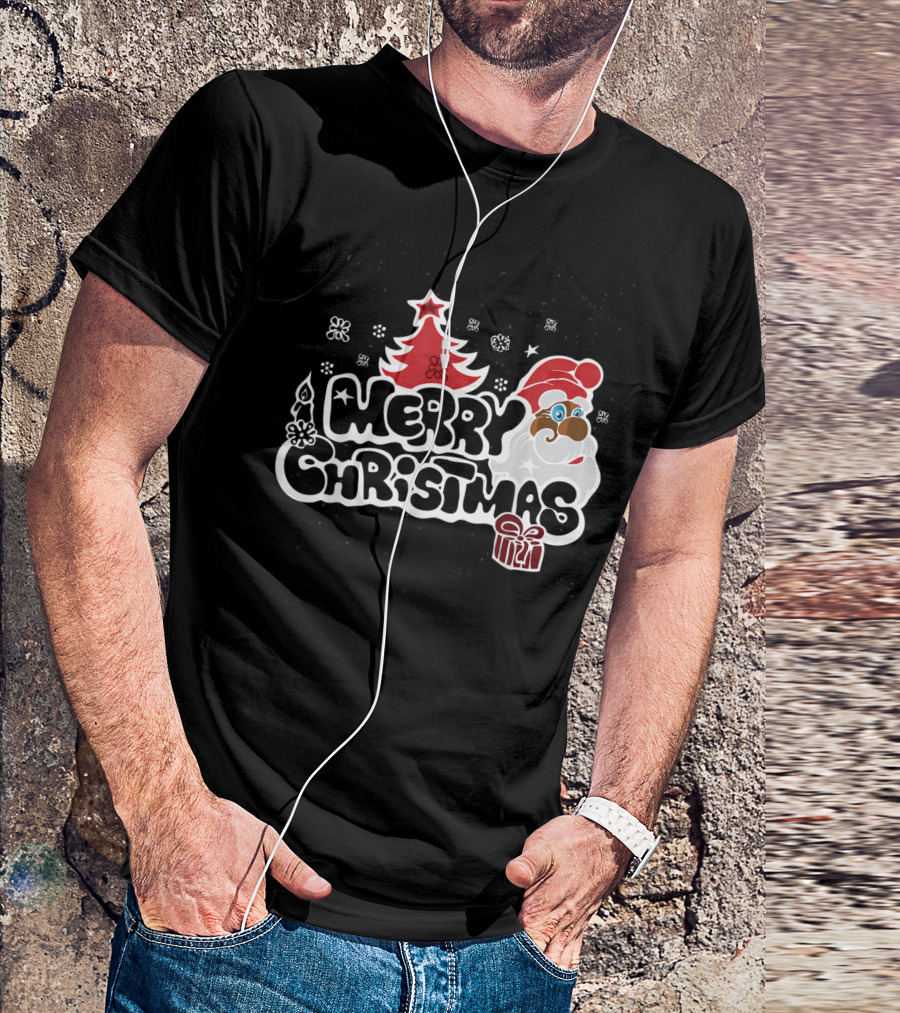 Merry Christmas Santa Red Tree Gift Black Holiday T-Shirt
