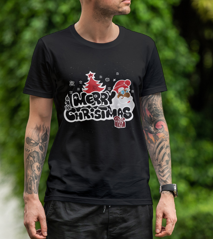 Merry Christmas Santa Red Tree Gift Black Holiday T-Shirt