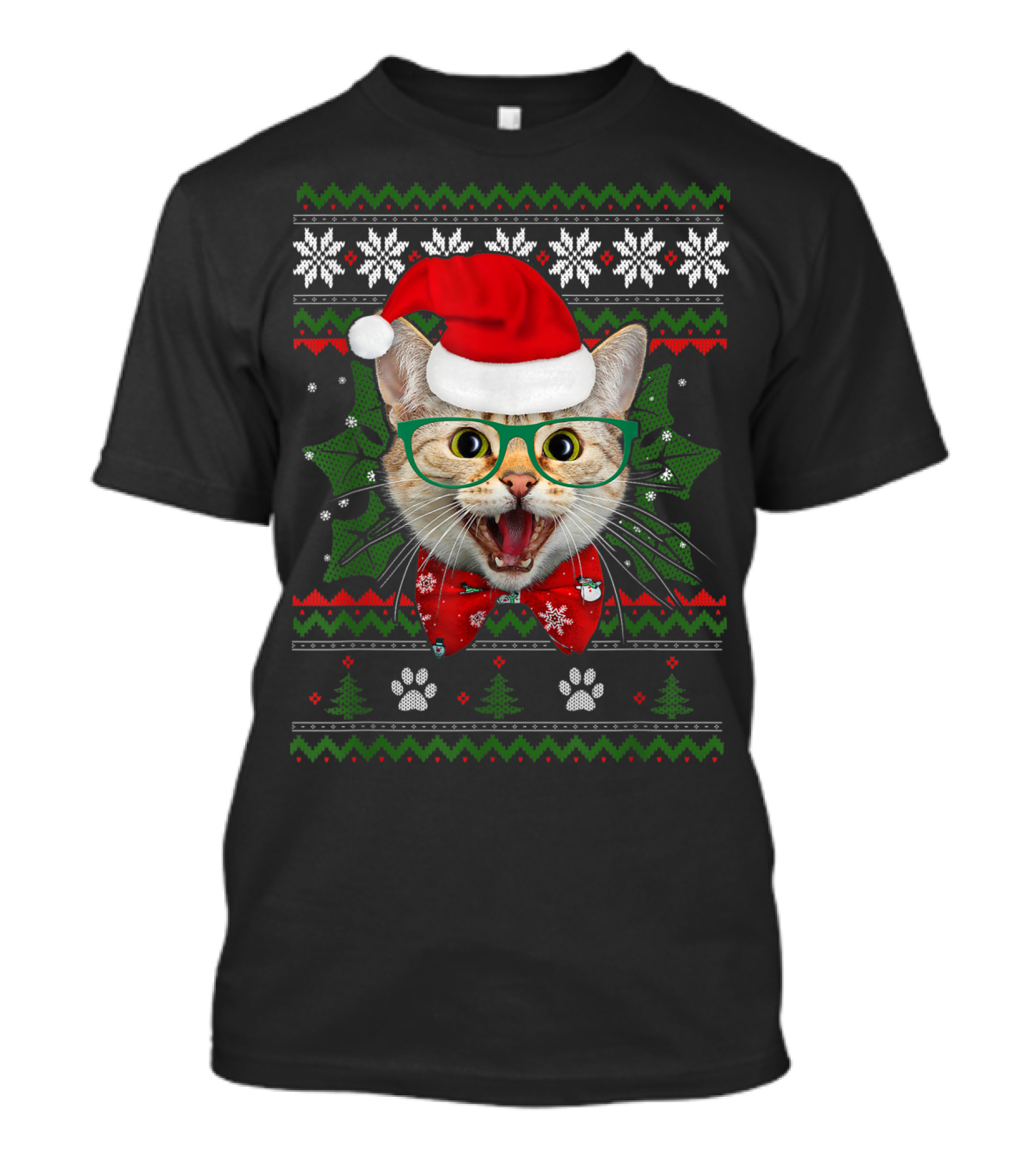 Santa Cat Holiday Ugly Christmas Sweater Look With Holly And Paws T-Shirt