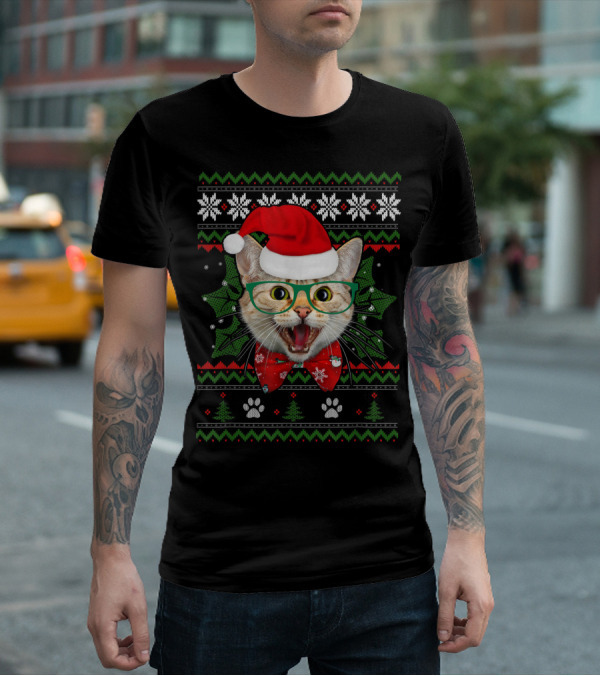 Santa Cat Holiday Ugly Christmas Sweater Look With Holly And Paws T-Shirt
