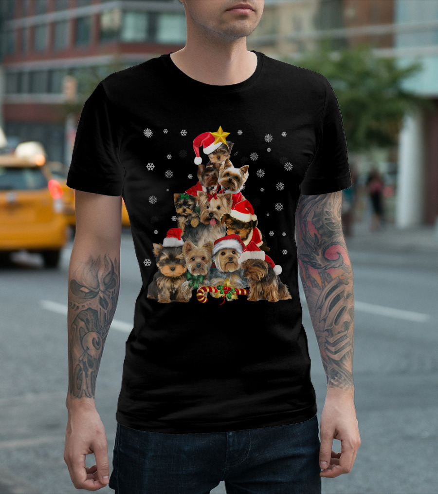 Yorkie Christmas Tree with Santa Hats and Candy Canes T-Shirt