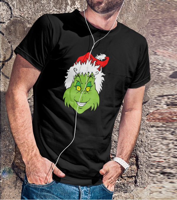 Christmas Grinch Face With Santa Hat T-Shirt