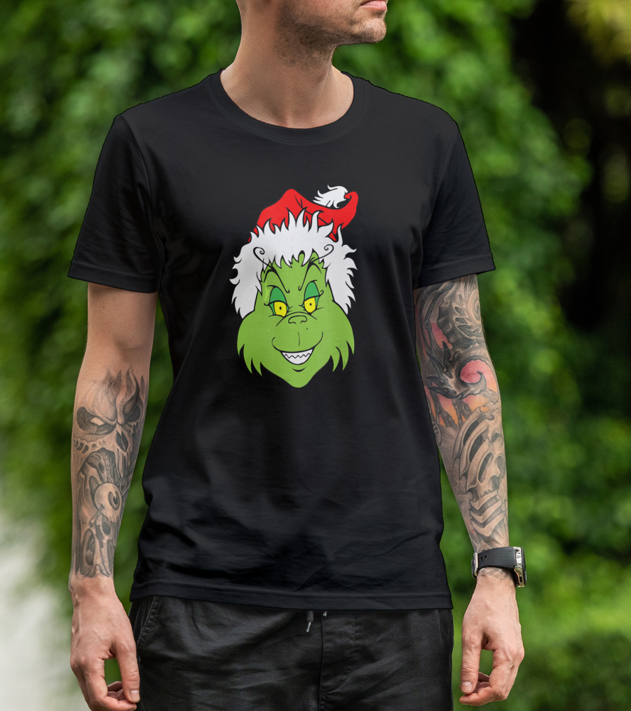 Christmas Grinch Face With Santa Hat T-Shirt