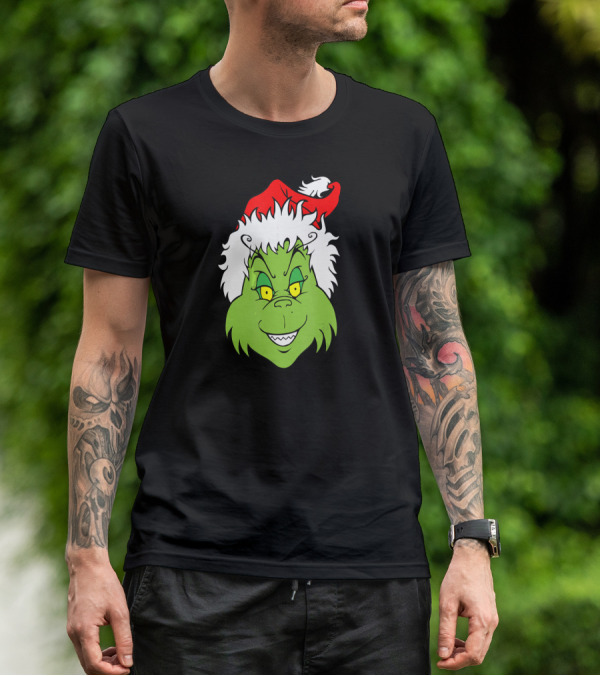 Christmas Grinch Face With Santa Hat T-Shirt