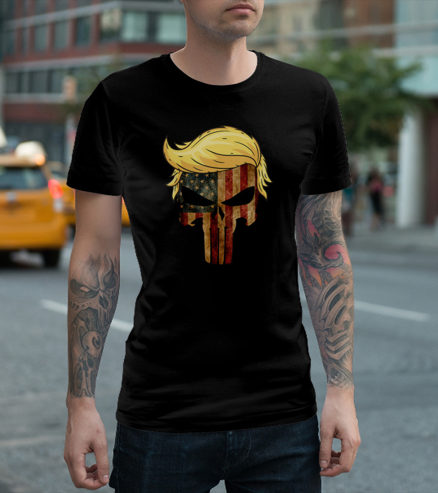 Skull with Iconic Trump Hair President Flag America Punisher T-Shirt