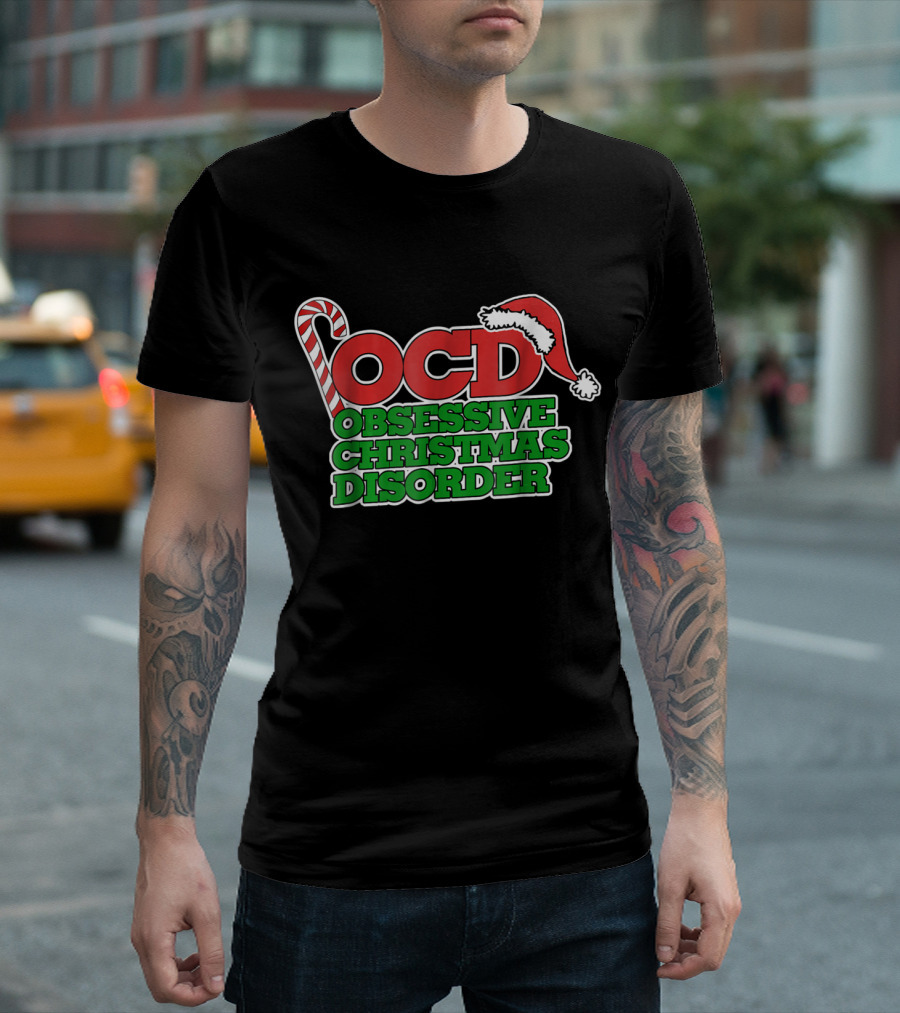 OCD Obsessive Christmas Disorder Candy Cane Santa Hat T-Shirt