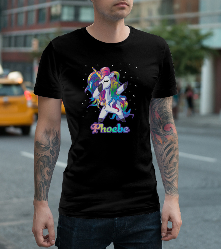 Phoebe Name Personalized Rainbow Unicorn Dabbing Stars T-Shirt