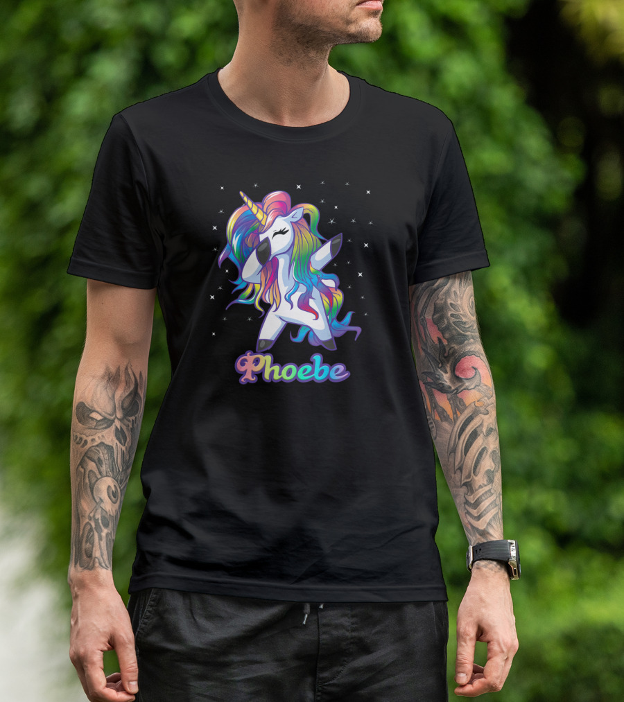 Phoebe Name Personalized Rainbow Unicorn Dabbing Stars T-Shirt