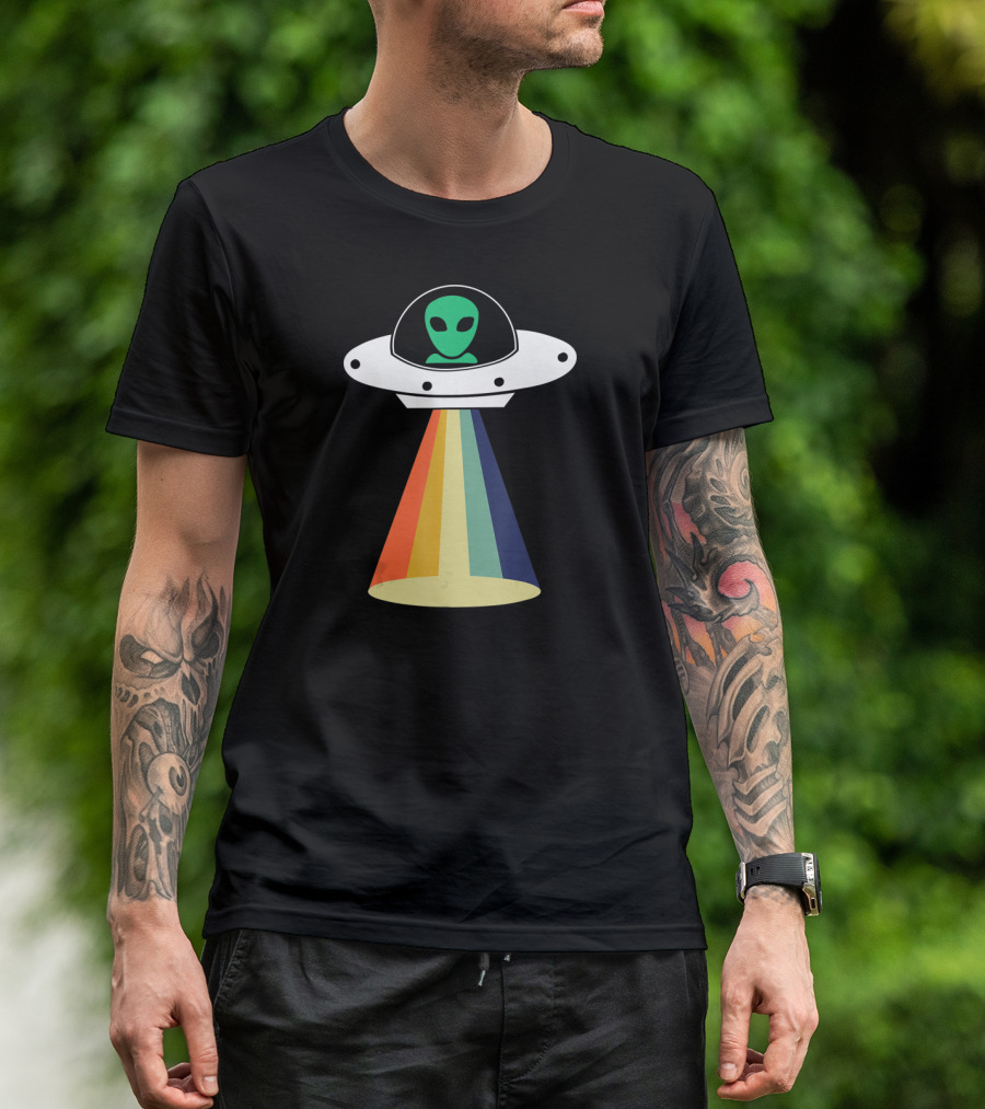 Rainbow Beam UFO Alien Christmas Outerspace Visitor T-Shirt