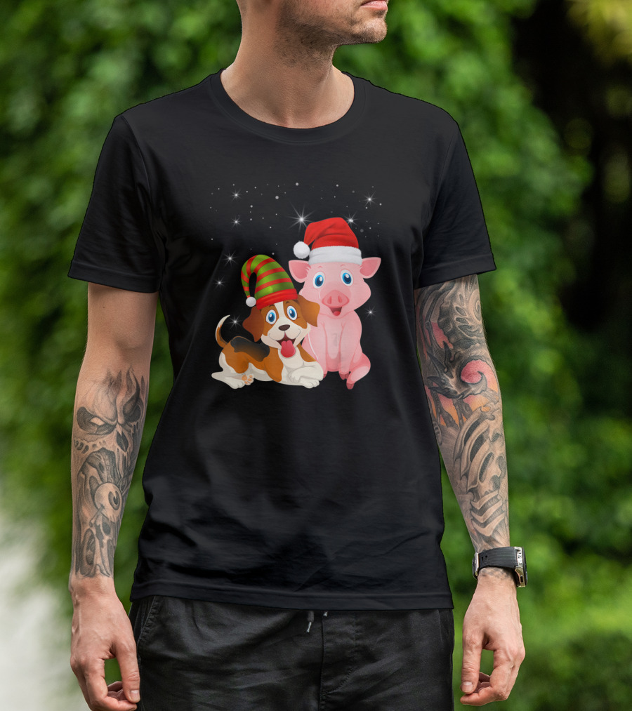 Christmas Festive Dog Pig Santa Hats T-Shirt