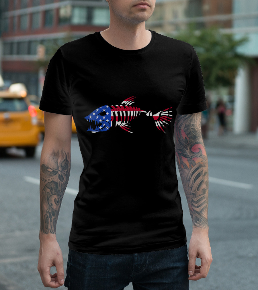 Patriotic Fish Skeleton With American Flag Colors T-Shirt