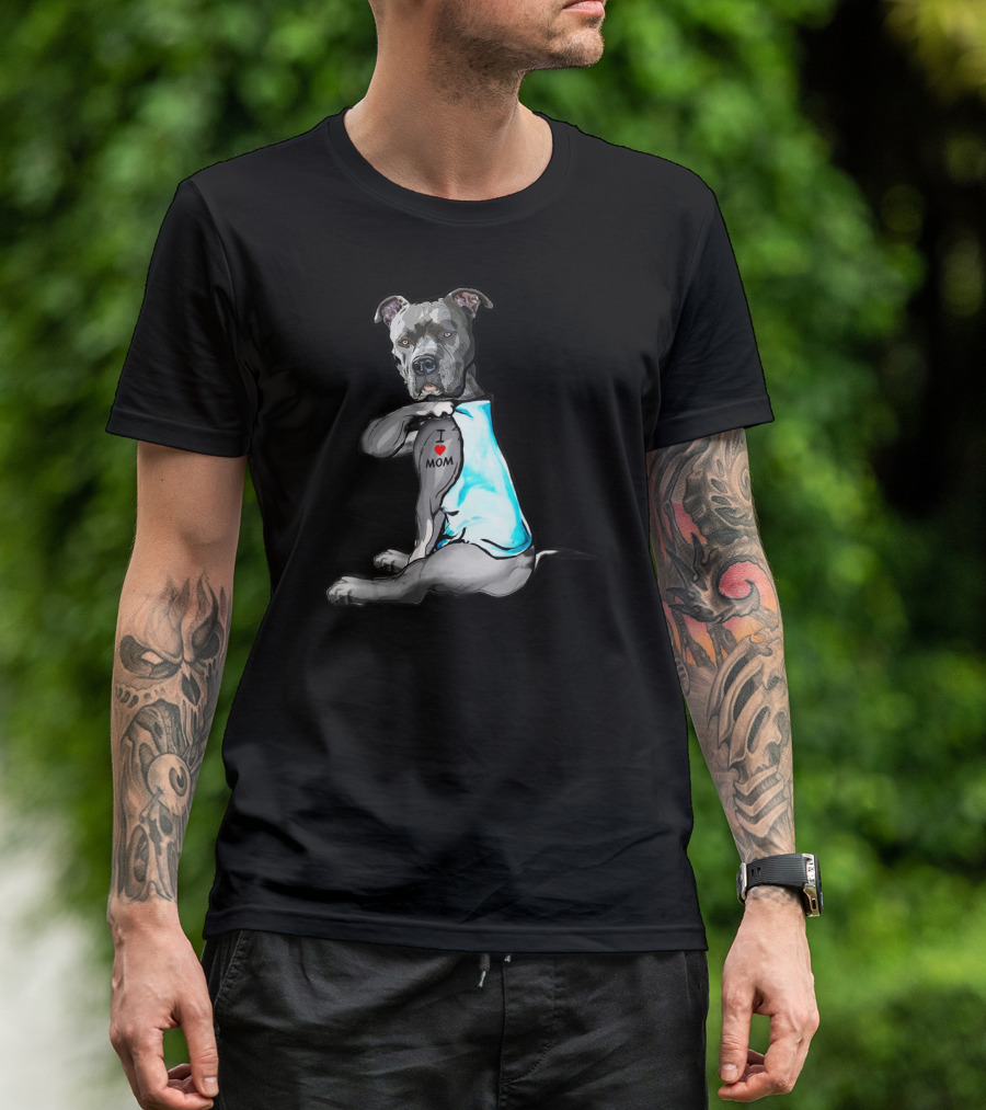 Pitbull Dog I Love Mom Tattoo T-Shirt