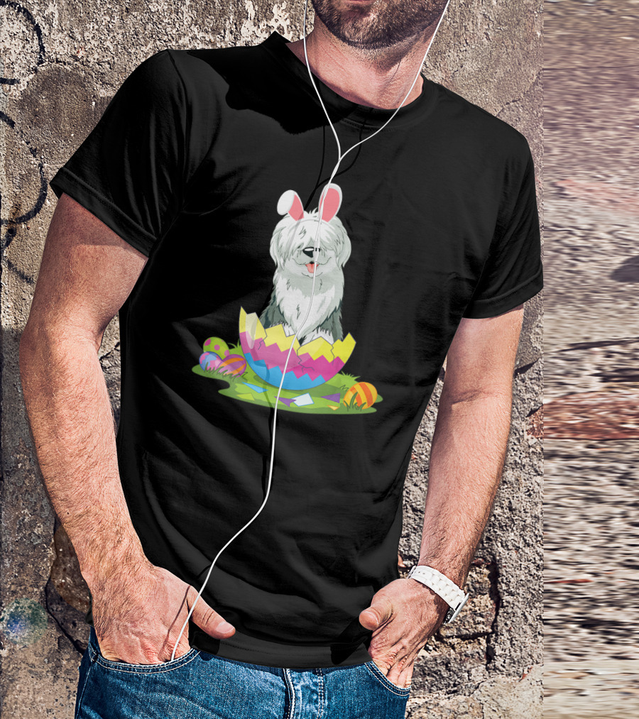 Old English Sheepdog Bunny Ears Easter Egg Scene T-Shirt