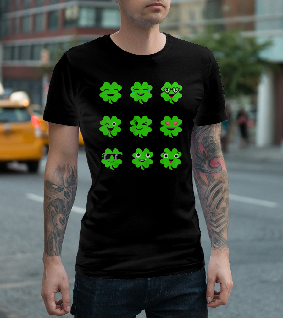 St Patricks Day Irish Shamrock Emoji Faces with Heart Eyes and Sunglasses T-Shirt
