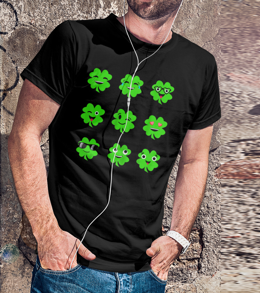 St Patricks Day Irish Shamrock Emoji Faces With Heart Eyes And Sunglasses T-Shirt