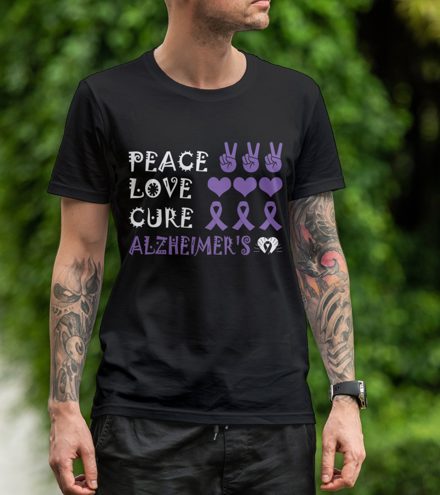 Peace Love Cure Alzheimer's Purple Ribbons Hearts And Peace Signs T-Shirt