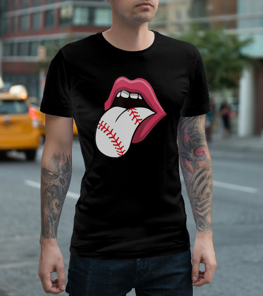 Baseball Stitch Red Lips Tongue T-Shirt