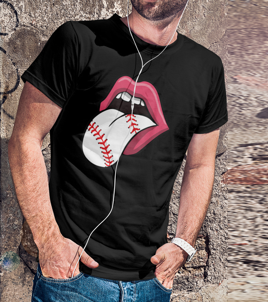 Baseball Stitch Red Lips Tongue T-Shirt