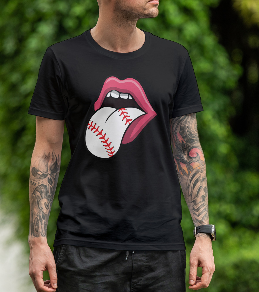 Baseball Stitch Red Lips Tongue T-Shirt