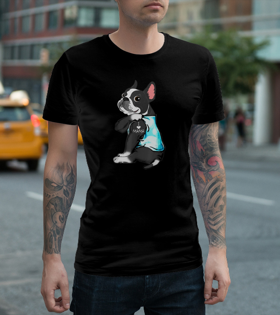 Boston Terrier I Love Mama Tattoo Art Blue T-Shirt