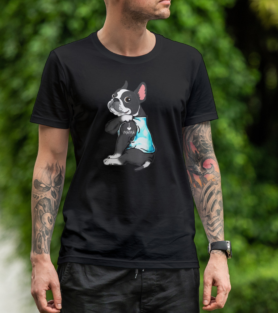 Boston Terrier I Love Mama Tattoo Art Blue T-Shirt