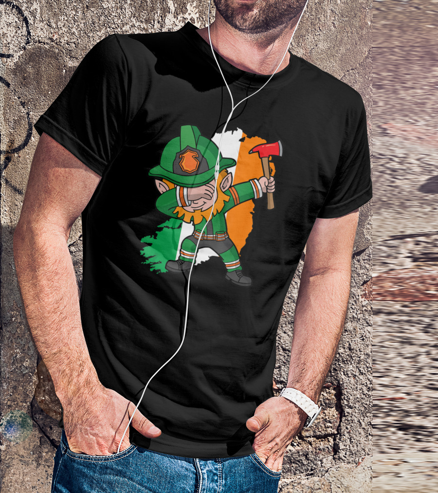 Leprechaun Dabbing Firefighter Irish Flag Background T-Shirt