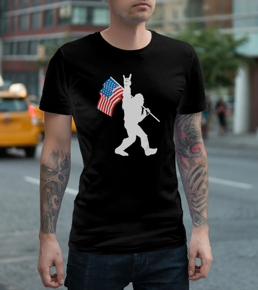 Bigfoot Rock Roll USA Flag Sasquatch Rock and Roll Gesture T-Shirt