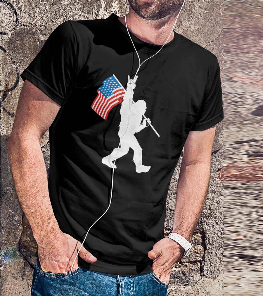 Bigfoot Rock Roll USA Flag Sasquatch Rock And Roll Gesture T-Shirt