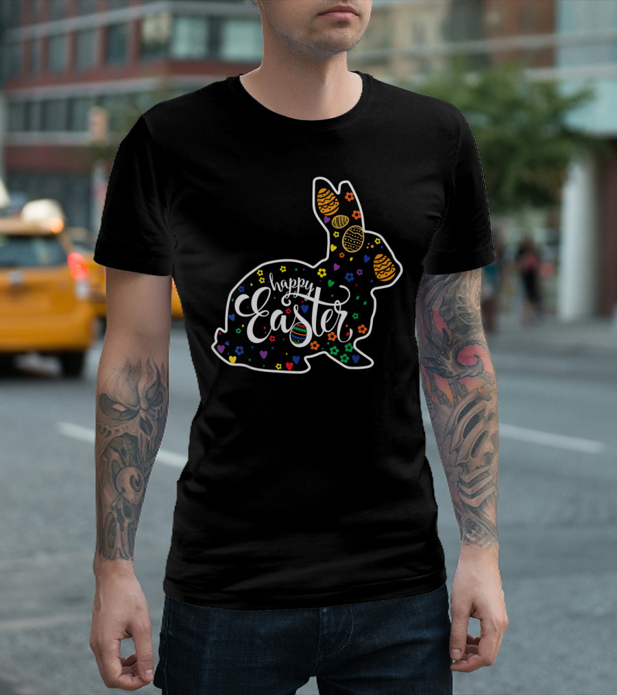 Happy Easter Colorful Bunny with Eggs and Flowers T-Shirt