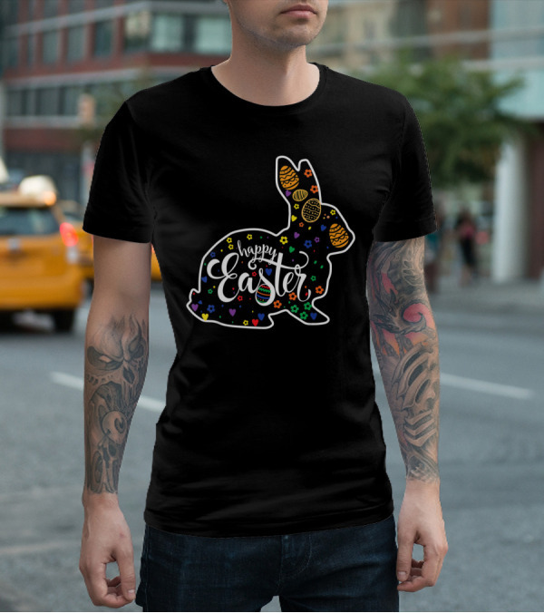 Happy Easter Colorful Bunny With Eggs And Flowers T-Shirt